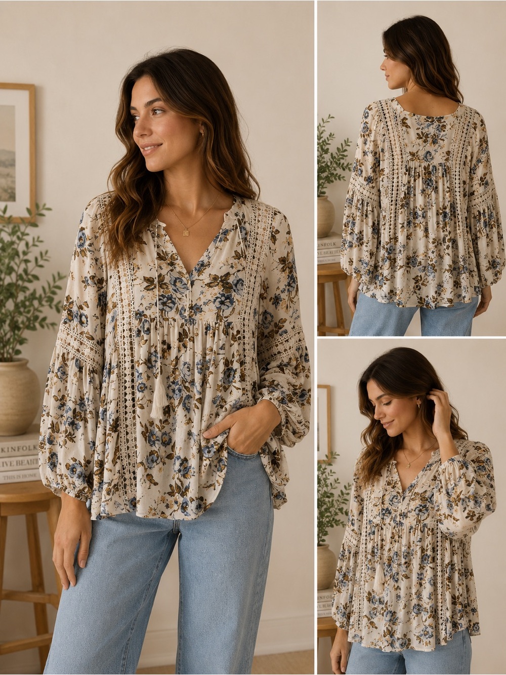 American Eagle Floral Boho Babydoll Tunic Top Cream Blue XS